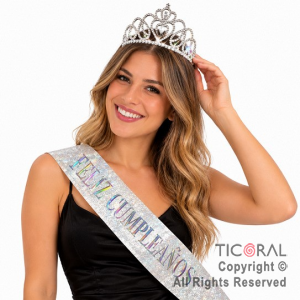 SET VINCHA Y BANDA FELIZ CUMPLEA�OS STRASS CORAZON PLATA (10548S)